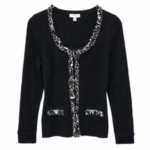 Cache Black White Fringe Trim Tassel Detail Full Zip Up Cardigan Sweater Sz Lg